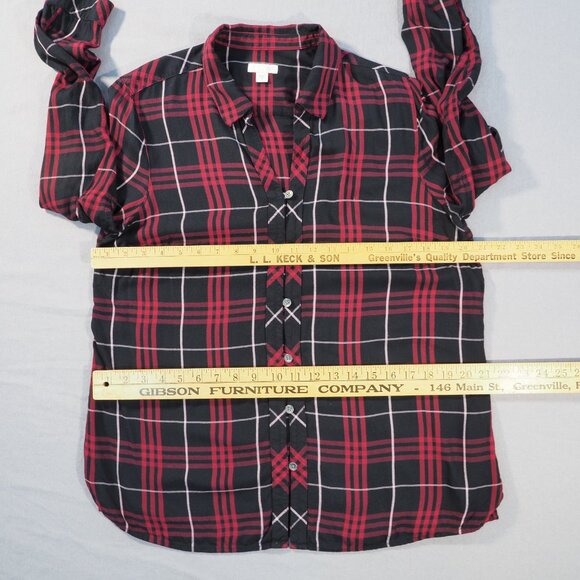 J Jill Shirt Womens Medium Burgandy Red Plaid Rayon Preppy Loose Flowy Cottage - Picture 4 of 8